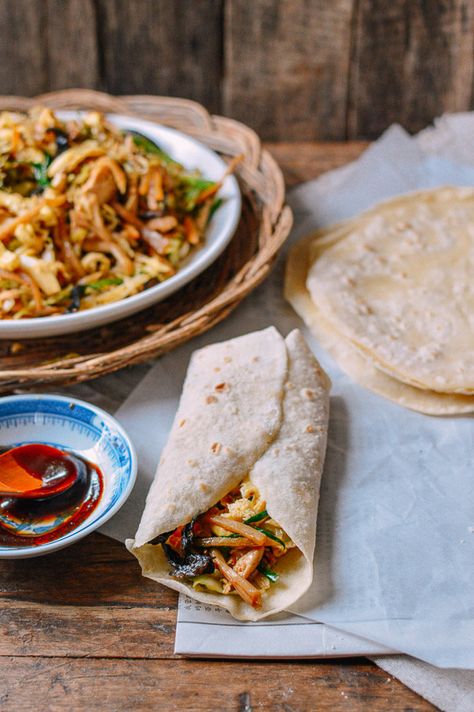 Moo Shu Chicken, by thewoksoflife.com Moo Shu Chicken Recipe, Moo Shoo Chicken, Mu Shu Chicken Recipes, Moo Shu Pancakes, Moo Shu Chicken, Mandarin Pancakes, Mu Shu, Chinese Pancake, Moo Shu Pork