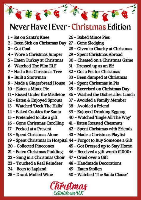 Never Have I Ever Christmas Edition
Online + Free Printable Version Christmas Games With Kids, Christmas Games For Teens, Christmas Office Games, Christmas Games Ideas, Free Christmas Activities, Xmas Calendar, Christmas Abroad, Free Christmas Games, Christmas Party Games For Groups