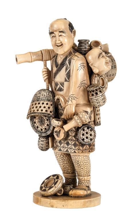 A finely carved ivory figure of a basket seller, Japanese, Meiji period (1868-1912), signed, 21 cm high Rare Jewelry, Meiji Period, Porcelain Jewelry, Japanese Crafts, Asian Antiques, Price Guide, Japan Art, Chinese Culture, Fine Porcelain