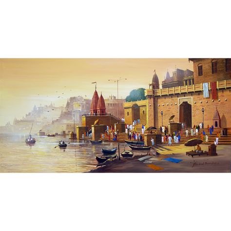 People of different sizes, colors, and heights usually cross paths on these allies of the visit to The Banaras Ghat. Scenic including orange banners, flowers spread across the narrow streets, Shivalinga on almost every corner, never-ending stairs to the Ghats, chanting of holy verses are all combined and created as a beautiful experience via this painting. Amazing shades of reds, yellows, and blues are combined for creating a mesmerizing artwork that seems to be alive. Banaras Ghat Painting, Ghat Painting, Banaras Ghat, Urban Art Painting, Colour Reference, India Painting, Buddha Painting, City Illustration, Classic Paintings