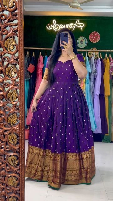 Space Silk Long Frock, Long Frock Front Neck Designs, Silk Long Frocks Indian, Front Neck Designs For Frocks, Silk Saree Frock Dresses, Traditional Gown From Saree, Silk Gown Designs Indian, Latest Gown Style, Neck Designs For Long Frocks