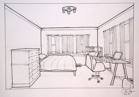 Objective: Create a one- point perspective drawing of your bedroom that demonstrates your understanding of perspective and use of proper tools. Materials: Pencil Ruler Eraser One Point Perspective Room, Room Perspective Drawing, Croquis Architecture, Perspective Room, 1 Point Perspective, Bedroom Drawing, Perspective Drawing Architecture, Interior Architecture Drawing, One Point Perspective