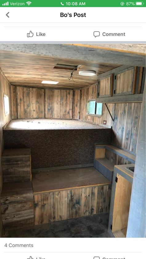 Horse Trailer Living Quarters Organization, Cattle Trailer Conversion, Gooseneck Horse Trailer Living Quarters Diy, Horse Trailer Renovation Ideas, Horse Trailer Restoration, Diy Horse Trailer Remodel, Living Quarters Horse Trailer Ideas Diy, Horse Trailer Living Quarters Remodel, Horse Trailer Weekender Interior Ideas