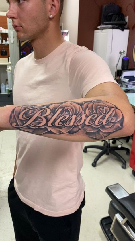 Blessed With Roses Tattoo, Forearm Name Tattoos, Blessed Tattoos, Rose Tattoos For Men, Men Tattoos Arm Sleeve, Forarm Tattoos, Forearm Sleeve Tattoos, Roses Tattoo, Cool Forearm Tattoos