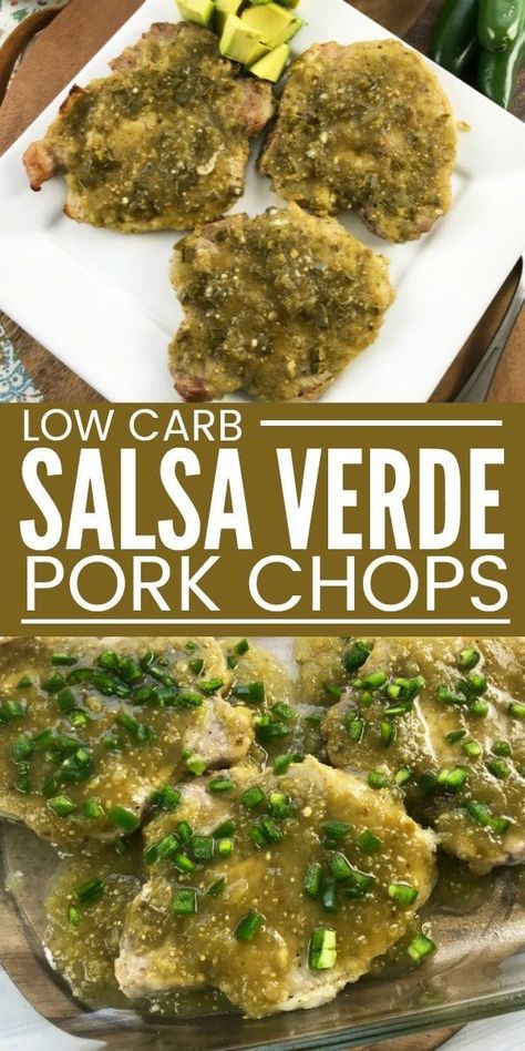 Low Carb Salsa Verde Pork Chops - an easy weeknight meal that comes together quickly thanks to using bottled salsa verde. #easyrecipes #lowcarb #dinnerrecipes Low Carb Salsa, Salsa Verde Pork, Chili Verde Pork, Inexpensive Dinner Recipes, Low Carb Pork, Easy Pork Chop Recipes, Crockpot Pork Chops, Low Carb Meal, Crockpot Pork