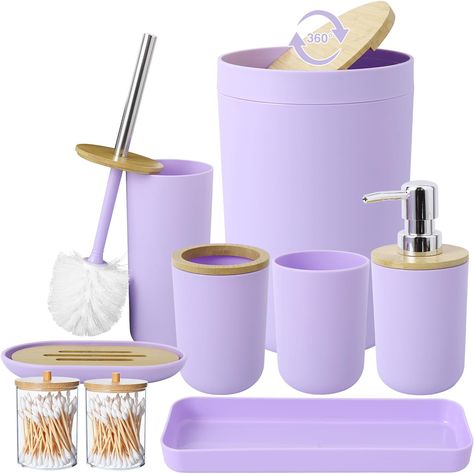 Dream Apartment Decor Bathroom, Purple Trash Can, Lavender Bathroom Ideas, Lavender Bathroom Accessories, Apartment Bathroom Aesthetic, Bathroom Decor Purple, Nyu Dorm, Purple Kids Room, Vanity Products