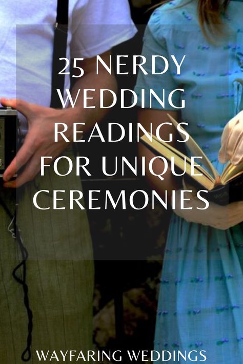 It’s really hard to find nerdy and unique wedding readings that aren’t lame or played out. I really tried to find the readings I thought were the best and that could be incorporated into a larger wedding theme.   Many of these are really cool AND beautiful. I hope you find what you’re looking for! Nerdy Wedding Vows To Husband, Unique Wedding Ceremony Readings, Lotr Wedding Quotes, Wedding Ideas Nerdy, Lotr Wedding Vows, Atla Themed Wedding, Nerdy Wedding Readings, Weird Wedding Themes, Nerdy Wedding Vows