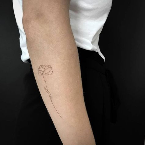 Single needle carnation tattoo on the right forearm. Single Line Marigold Tattoo, Carnation Flower Tattoo Simple, Single Carnation Tattoo, Tiny Carnation Tattoo, Minimalist Carnation Tattoo, Fine Line Carnation Tattoo, Small Carnation Tattoo, Simple Carnation Tattoo, Calendula Tattoo