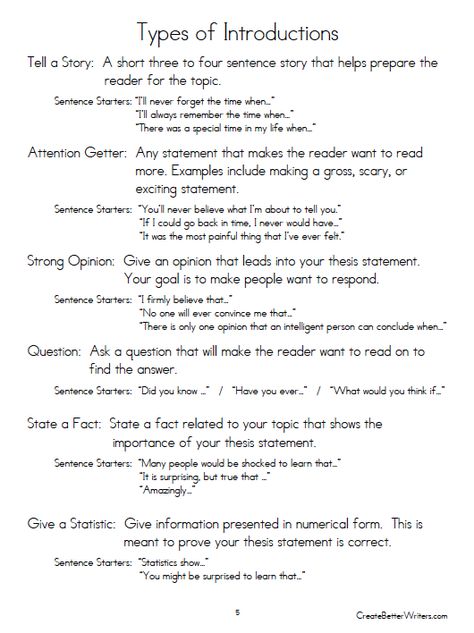 List of attention getters (hooks) and sentence starters in interesting introductions. Meets multiple writing standards from Common Core State Standards. From How to Teach the Five Paragraph Essay listed at CreateBetterWriters.com. For a video demonstration, click "Visit Website." College Essay Examples, Apa Format, Types Of Essay, Attention Getters, Essay Tips, School Essay, Paragraph Essay, Scholarship Essay, Sentence Starters