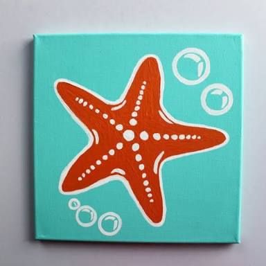 Cute Simple Small Paintings, Simple Drawings With Color, Cute Fun Painting Ideas, Ocean Canvas Art, Simple Paintings Cartoon, Beach Theme Canvas Painting, Sea Star Painting, Painting Inspo On Canvas, Sea Animal Paintings Easy