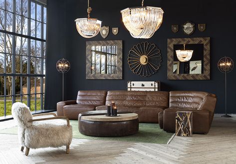 Black House Decor, Velvet Sofas, Masculine Interior, Drum Side Table, Timothy Oulton, Leather Sectional Sofa, Small Side Table, Living Room Collections, Leather Couch