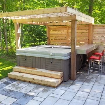 Hot Tub And Firepit Patio Ideas - Photos & Ideas | Houzz Hot Tub Privacy Screen, Hot Tub Privacy, Hot Tub Pergola, Hot Tub Landscaping, Hot Tub Surround, Diy Gazebo, Hot Tub Designs, Hot Tub Patio, Hot Tub Gazebo