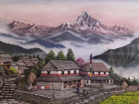 Nepali typical villege houses. Village Homes Indian, Nepali House, Village Scene Drawing, Village Drawing, Morden House, Creative Wall Painting, School Wall Art, Scene Drawing, Bride Outfits