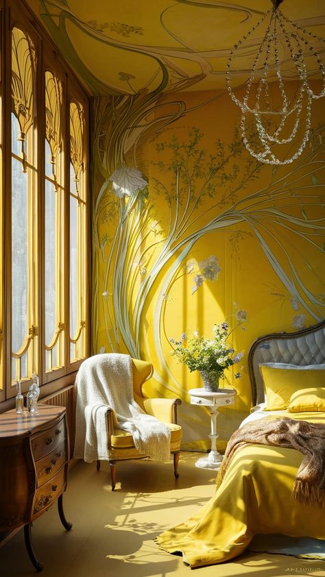 Discover a tranquil yellow wallpaper bedroom that beautifully combines Art Nouveau elegance with comfort. Intricate floral patterns flow seamlessly across the walls, while sunlight dances through ornate windows. Antique wooden furniture and a cozy vintage armchair enhance the inviting atmosphere. This harmonious space reflects early 20th-century design principles, perfect for those seeking inspiration in home decor. #InteriorDesign #ArtNouveau #HomeDecor Art Nouveau Apartment Decor, Art Nouveau House Decor, Art Nouveau Home Interior Design, Art Noveau Interiors, Art Nouveau Bedroom Interior Design, Art Nouveau Architecture Interior, Yellow Wallpaper Bedroom, Art Nouveau Bed, Ornate Wallpaper