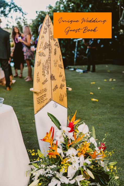 Surfboard Wedding Guest Book | Unique Guest Book Idea | Kualoa Ranch Oahu Wedding | Moli'i Gardens Reception Venue | Hawaii Wedding Photographer | Hawaii Wedding Venue | Hawaii Wedding Florals | Tropical Florals Surfboard Wedding, Guest Book Unique, Surfboard Table, Small Destination Wedding, Wedding Venues Hawaii, Romantic Beach Wedding, Kualoa Ranch, Tropical Florals, Wedding Guest Book Unique