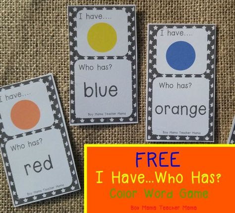 FREE I Have… Who Has? Color Words Game Anyone who reads our site regularly knows how much I love the I Have… Who Has? Games. I have created quite a few different versions and now here… Colors Games For Preschoolers, I Have Who Has Games Free Preschool, Has And Have, I Have Who Has, I Have Who Has Games Free, Color Word Activities, Preschool Circle Time, Color Words, Preschool Colors