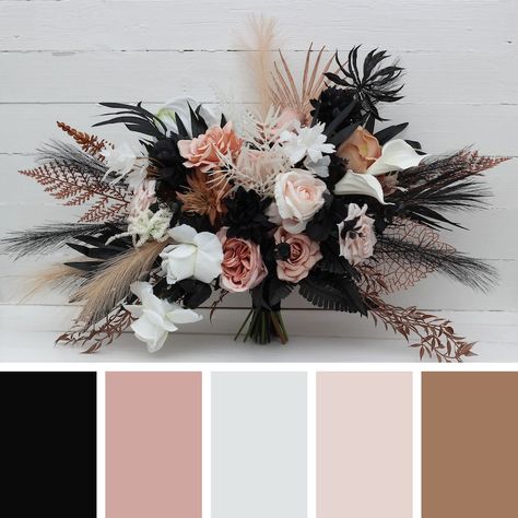 Dusty Rose Black Cinnamon White Flowers Fall Bridal Bouquet Faux Bouquet Fall Wedding Halloween Wedding Silk Flowers Boho Wedding - Etsy Canada Dusty Rose Reception Decor, Weddings With Black Color Palettes, Black And Champagne Boho Wedding, Black And Dusty Pink Wedding, Boho Black Wedding Decor, Black Fall Wedding Color Schemes, Mauve And Black Wedding, Wedding Color Schemes With Black, Black And Dusty Rose Wedding