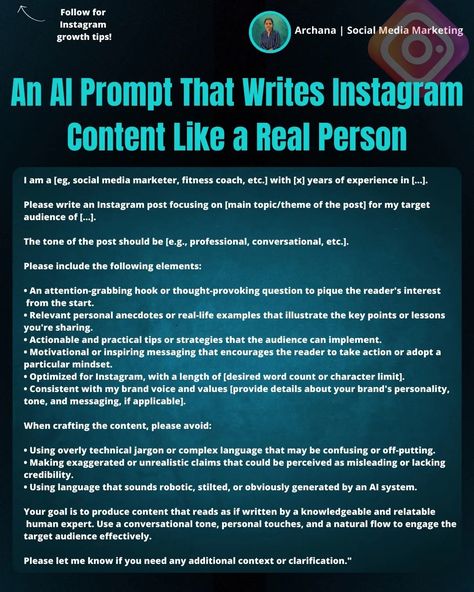 🔥The AI Prompt for Truly Human-Sounding Instagram Posts! First, ✅Save this. Have you ever felt that the prompts you use with AI writing assistants often produce content that can sound a bit robotic or lack that special human touch? This powerful prompt guides an AI assistant to dynamically generate content that genuinely capture your brand's distinct voice and personality. Simply provide the post topic, target audience, desired tone (professional, witty, motivating, etc.), and key points ... Human Touch, Instagram Content, Story Writing, Content Writing, Target Audience, Content Creation, Have You Ever, Thought Provoking, Social Media Marketing