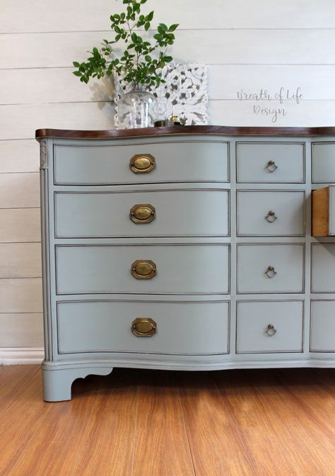 This beautiful long and low blue dresser was refunished and painted with Dixie Belle paint in the colors Collard Greens and Haint Blue. I stained the top with a dark espresso stain. www.facebook.com/breathoflifedesign Dark Blue Dresser, Dresser Renovation, Dresser Colors, White Wash Wood Furniture, Guest Studio, Dresser Paint, Dresser Inspiration, Stained Dresser, Redoing Furniture