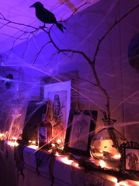 Purple And Black Halloween Birthday Party, Orange And Purple Halloween Lights, Halloween Purple Lights, Purple And Green Halloween Decor, Purple And Black Halloween Decorations, Black And Purple Halloween Decorations, Halloween Aesthetic Purple, Halloween Party Lighting, Purple Halloween Aesthetic