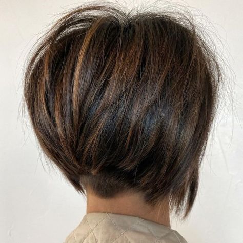 Undercut Nape Bob, Undercut Graduated Bob, Inverted Bob Hairstyles Shaved Under, Undercut Pixie Bob Fine Hair, Bob With Shaved Nape, Layered Bob Hairstyles No Bangs, Pixie Bob Brunette, Undercut A Line Bob, Back Of Bob Haircut Stacked