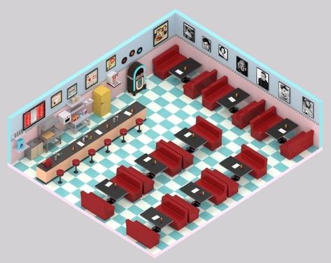 Minecraft Diner, Minecraft Restaurant, Diner 50s, Isometric Interior, Diner Aesthetic, Minecraft Idea, Restaurant Layout, 3d Monster, Restaurant Plan