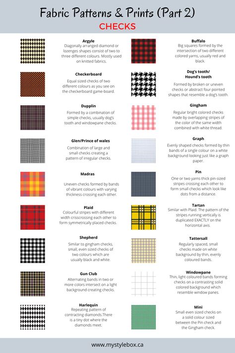 Fashion Vocabulary and definitions that are used for styling guides. Types Of Checks Pattern, Different Types Of Checks Pattern, Different Types Of Prints On Fabric, Check Prints Pattern, Tartan Fabric Pattern, Checks Print Pattern Design, Fabric Patterns Prints Textile Design, Fabrics And Textiles Fashion, Printed Fabric Texture