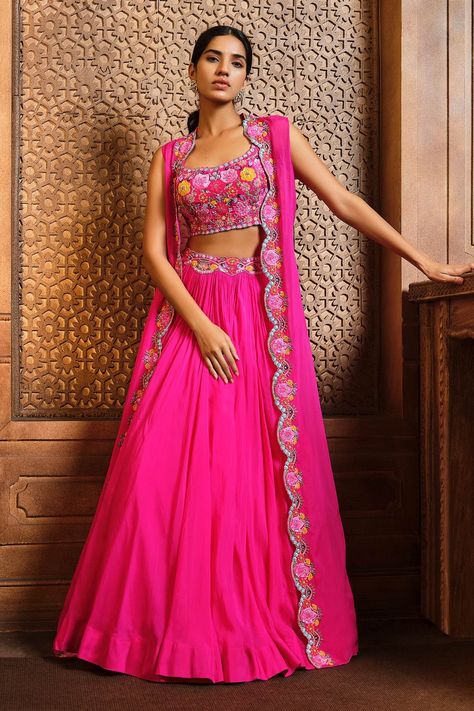 Shop for these amazing collections of Fuchsia Soft Organza Embroidery Thread Scallop Border Skirt Set For Women by Aneesh Agarwaal online at Aza Fashions. Bhumika Sharma, Haldi Ceremony Outfit, Haldi Dress, Cape Set, Haldi Outfits, Sangeet Outfit, Function Dresses, Printed Lehenga, Navratri Dress