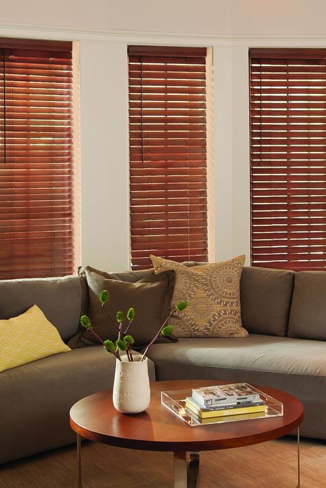 Windows get warmth and elevated style with wood blinds. Natural Wood Blinds Living Room, Wood Blinds Living Room, Wooden Blinds Living Room, Dark Wood Blinds, Window Blinds Wood, Simple Window Treatments, Small Sectional Sofa, Modern Blinds, Living Room Blinds