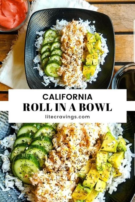 Simple Sushi Bowl, Crab Meal Prep, Rice Cucumber Bowl, Rice And Cucumber, Crab Rice Bowl, Crab Sushi Bowls, Sushi Bowl Meal Prep, Lunch Bowls Healthy, California Sushi Bowl