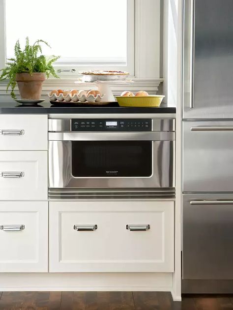 Microwave Ideas Small Spaces, Small Wall Oven, Kitchen Cabinet Alternatives, Under Counter Microwave, Small Kitchen Storage Ideas, Wall Oven Kitchen, Kitchen Storage Ideas, Small Oven, Rental Kitchen