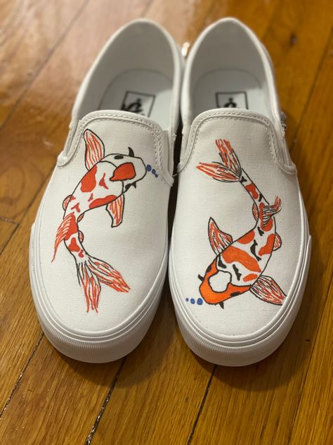 DIY koy fish vans by Jenna Quenneville Fish Moodboard, Diy Vans, Canvas Shoes Diy, Fish Diy, Coy Fish, Customized Shoes, Painted Shoes Diy, Tenis Vans, Painted Sneakers