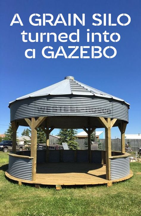 Silo Gazebo Ideas Backyard, Grain Silo Fire Pit, Grain Bin Gazebo Bar, Grain Bin Patio, Grain Bin Gazebo Backyard Ideas, Grain Silo Gazebo, Silo Patio, Silo Gazebo, Grain Bin Gazebo