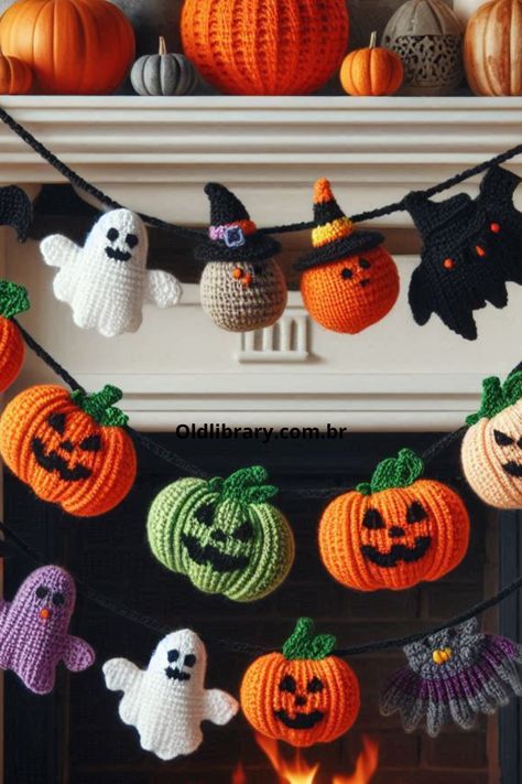 Crochet a festive Halloween garland with pumpkins, ghosts, and bats using this easy pattern. Perfect for your spooky seasonal decor! Crochet Halloween Garland, Crochet Garland, Halloween Garland, Crochet Fall, Halloween Festival, Halloween Crochet, Amigurumi Free, Amigurumi Free Pattern, Simple Patterns