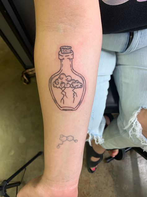 A tattoo I did for my good friend 💕 #tattoo #tattoos #lightning #bottle #cloud #tattooartist Lightening Cloud Tattoo, Fine Line Storm Tattoo, Storm Tattoo Minimalist, Cloud With Lightning Tattoo, Small Storm Tattoo, Lighting In A Bottle Tattoo, Lightning In A Bottle Drawing, Stormy Tattoos, Storm In A Bottle Tattoo