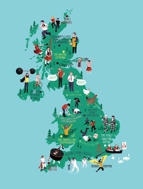 uk vector map illustration of 'Bizarre Blighty' for the telegraph kerryhyndman.co.uk Quest Map Illustration, Uk Map Illustration, Barcelona City Map, Manchester Map, Uk Map, Illustrative Design, Elephant Park, Village Map, Illustrated Maps