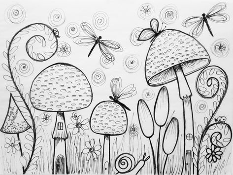 Thankful Art, Fairy Garden Drawing, Mushrooms Fairy, Angela Anderson, Drawing Rocks, Christmas Window Painting, Mushroom Paint, Mushroom Pictures, Fairy Drawings