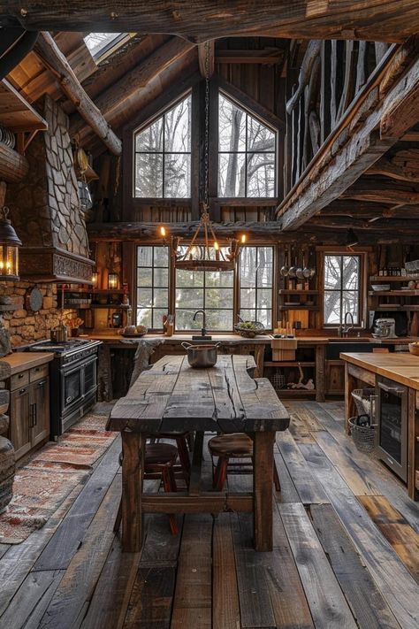 Viking House Interiors, Airbnb Styling, Cabin Core Aesthetic, Rustic Lodge Kitchen, Tennessee Living, Log Cabin Kitchen, Woods Cabin, Montana Cabin, Viking House