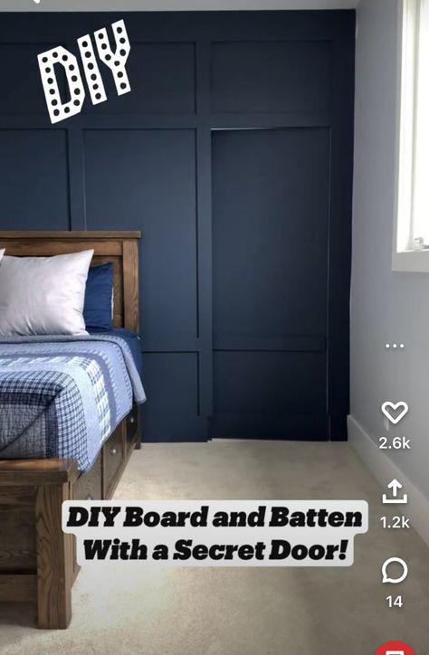 Board And Batten Secret Door, Secret Door Panelling, Hidden Panelled Doors, Feature Wall With Door, Board And Batten Hidden Door, Accent Wall Behind Bed, Hidden Doors In Walls, Hidden Closet, Hidden Doors