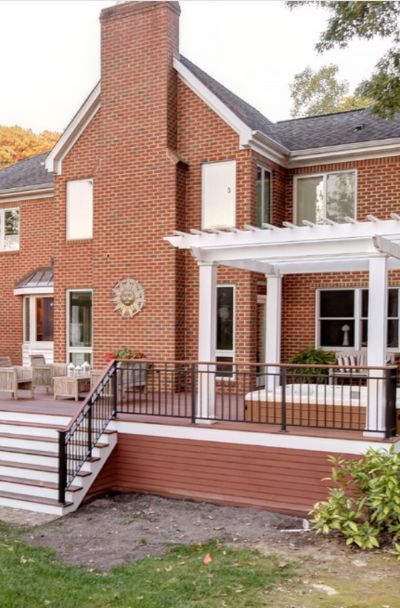 Trex Deck Brick House, Brick Decks And Patios, Brick And Wood Deck, Deck On Red Brick House, Red Brick House With Deck, Brick House With Deck, Composite Deck Ideas Red Brick House, Red Brick House Deck Color, Decks On Brick Houses