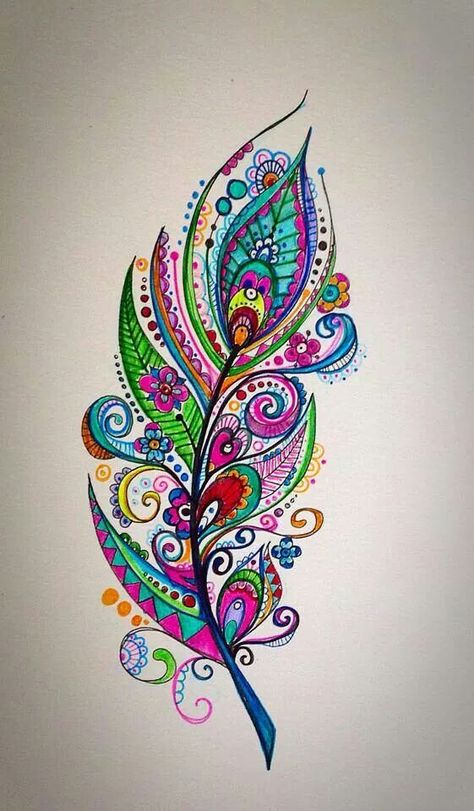 Love Feather Drawing, Diy Anniversary, Feather Art, Feather Tattoos, Colorful Feathers, Feather Design, Zentangle Art, Zentangle Patterns