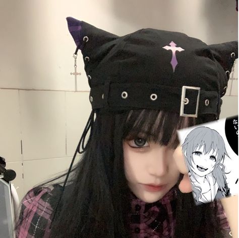 Black Beret Hat, Cat Ear Hat, Kawaii Punk, Gothic Cat, Cat Ears Hat, Harajuku Punk, Black Beret, Extreme Fashion, Hip Hop Cap