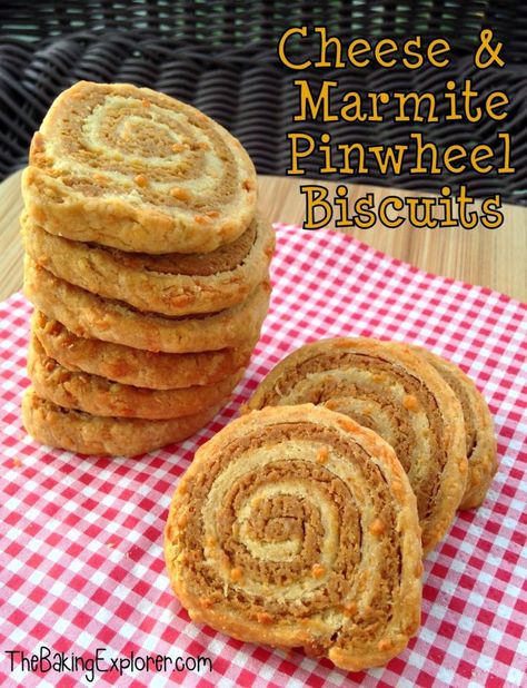 Delicious Cheese & Marmite Pinwheel Biscuits with a lovely swirl effect. Recipe is easy to follow and includes step by step photos. Great for picnics! Pinwheel Biscuits, Marmite Recipes, Tea Cakes Recipes, Afternoon Tea Recipes, Savoury Biscuits, Veggie Snacks, Savoury Baking, All Recipes, Bakery Recipes