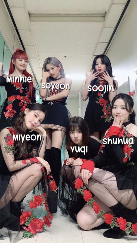 (G)i-dle ot6 with photo names #fashion #gidle #minnie #miyeon #soojin #soyeon #yuqi #shuhua G Idle Group Photo With Names, Allergy Gidle, Gidle Allergy, Minnie Miyeon, Gidle Minnie, G-idle Miyeon, Dara Kpop, People Names, Group Pictures