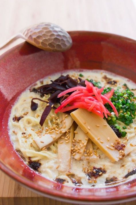 This rich, creamy plant-based Tonkotsu Ramen is redolent of caramelized garlic and ginger and packs a wallop of lip-smacking umami. Tonkotsu Ramen Recipe, Vegetarian Ramen, Tonkotsu Ramen, Ramen Recipe, Garlic And Ginger, Vegan Ramen, Recipe Vegetarian, Ramen Recipes, Sans Gluten