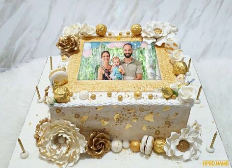 Luxurious Gold-Plated Birthday Cake With Photos Square Birthday Cake, Cake With Photo, Write Name On Cake, Online Birthday Cake, Heart Birthday Cake, Birthday Card With Name, Birthday Cake With Name, Name Edit, Cake With Name