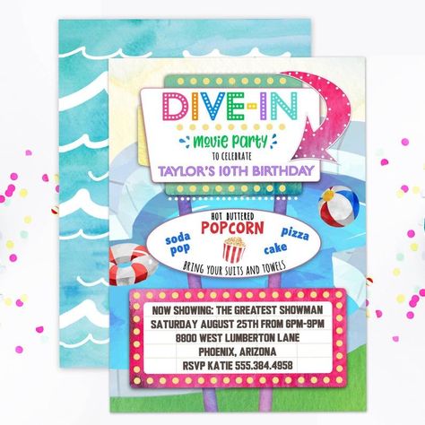 Dive In Movie, Soda Cake, Pool Party Birthday Invitations, Movie Birthday Party, 12 Birthday, Movie Themed Party, Summer Party Invitations, Pool Birthday, Movie Birthday