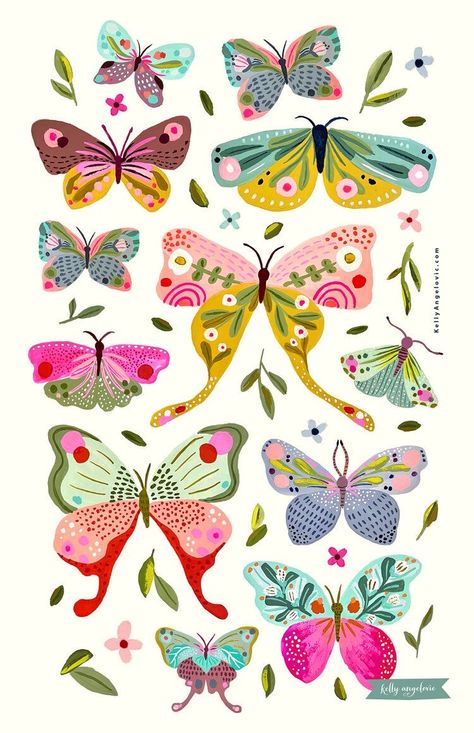 Butterflies Illustration Art, Pastel Pattern Design, Folk Art Butterflies, Cute Butterfly Illustration, Butterfly Illustration Design, Butterfly Illustration Art, Cute Butterfly Drawing, Folk Art Butterfly, Butterflies Illustration