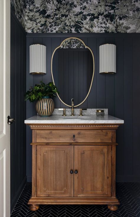 Wall Paneling And Wallpaper, Moody Half Bathroom, Paneling And Wallpaper, Dramatic Powder Room, Dark Tile Floors, Moody Powder Room, Moody Bathroom, Ann Wilson, Sunset Valley