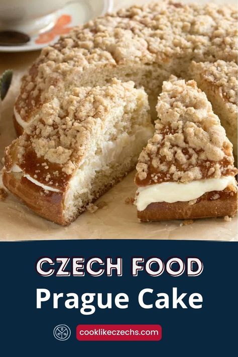 The best of Prague food! Prague Cake with pudding filling, topped with Posypka crumbles. Authentic Czech recipe. Bohemian Food Recipes, Czech Food Recipes, Cake With Pudding Filling, Czech Dessert Recipes, International Dessert Recipes, Traditional Czech Food, Vegan Czech Recipes, Czech Cookies, Czech Recipes Bohemian